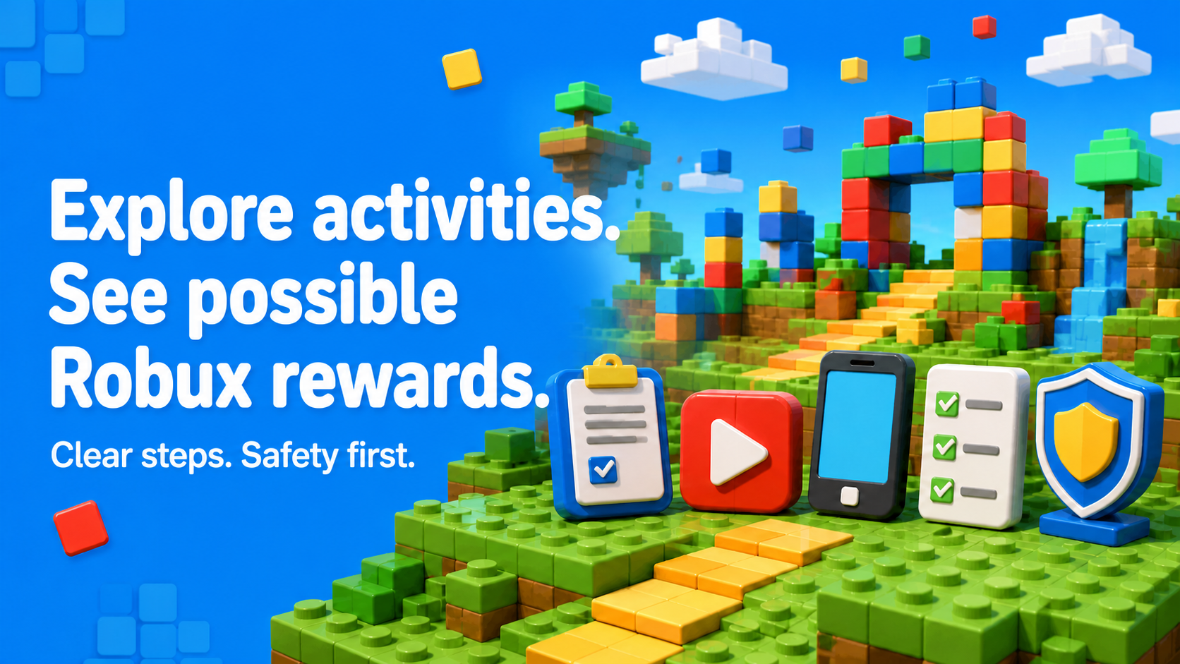 A colorful block-world Questly activity map with survey, video, app, task, and safety icons.